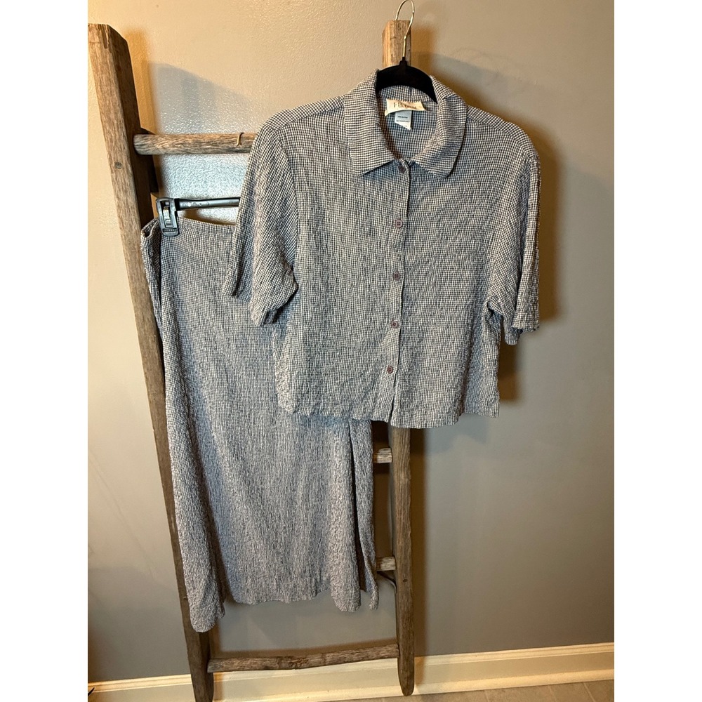 Eileen Fisher Vintage 2 Piece skirt Set Gingham Crinkle Rayon Navy M